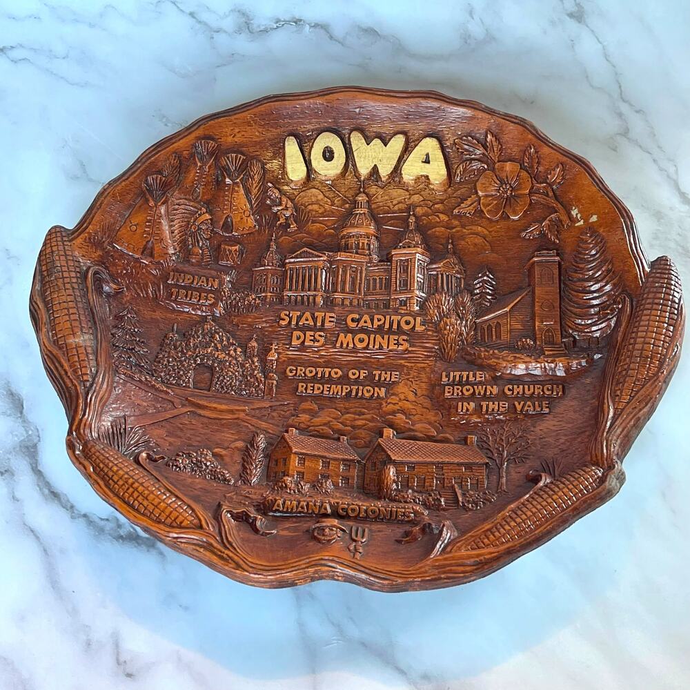 Vintage Lugene's Inc Iowa Souvenir Faux Wood Resin Bowl Wall Plaque 11.5"